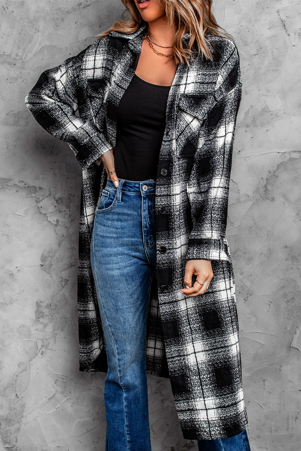 Plaid Button look Down Dropped Shoulder Duster Coat