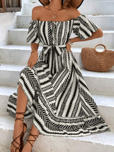 Load image into Gallery viewer, Printed Off-Shoulder Tie Belt Midi Dress
