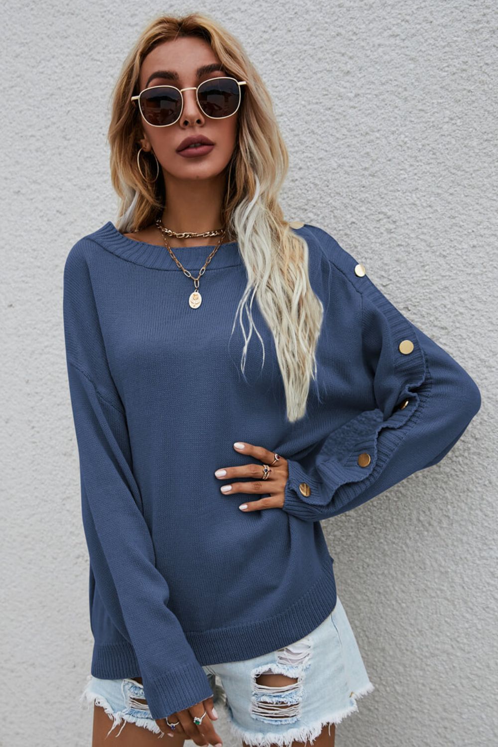 Button Detail Boat Neck Sweater