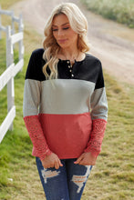 Load image into Gallery viewer, Color Block Spliced Lace Sleeve Ribbed Top
