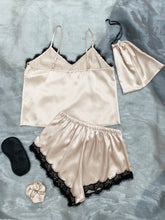 Load image into Gallery viewer, Lace Trim Cami, Shorts, Eye Mask, Scrunchie, and Bag Pajama Set
