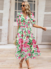 Load image into Gallery viewer, Ruched Printed Surplice Short Sleeve Dress
