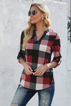 Load image into Gallery viewer, Plaid Split V-Neck Roll-Tab Top
