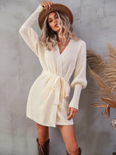 Load image into Gallery viewer, Belted Surplice Lantern Sleeve Wrap Sweater Dress
