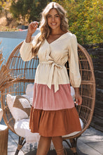 Load image into Gallery viewer, Color Block Belted Puff Sleeve Surplice Dress
