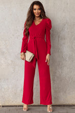 Load image into Gallery viewer, Belted Long Puff Sleeve V-Neck Jumpsuit
