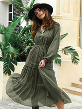Load image into Gallery viewer, Tie Neck Long Sleeve Midi Tiered Dress
