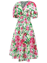 Load image into Gallery viewer, Ruched Printed Surplice Short Sleeve Dress
