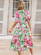 Load image into Gallery viewer, Ruched Printed Surplice Short Sleeve Dress
