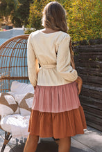 Load image into Gallery viewer, Color Block Belted Puff Sleeve Surplice Dress
