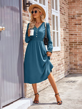 Load image into Gallery viewer, Buttoned V-Neck Flounce Sleeve Midi Dress
