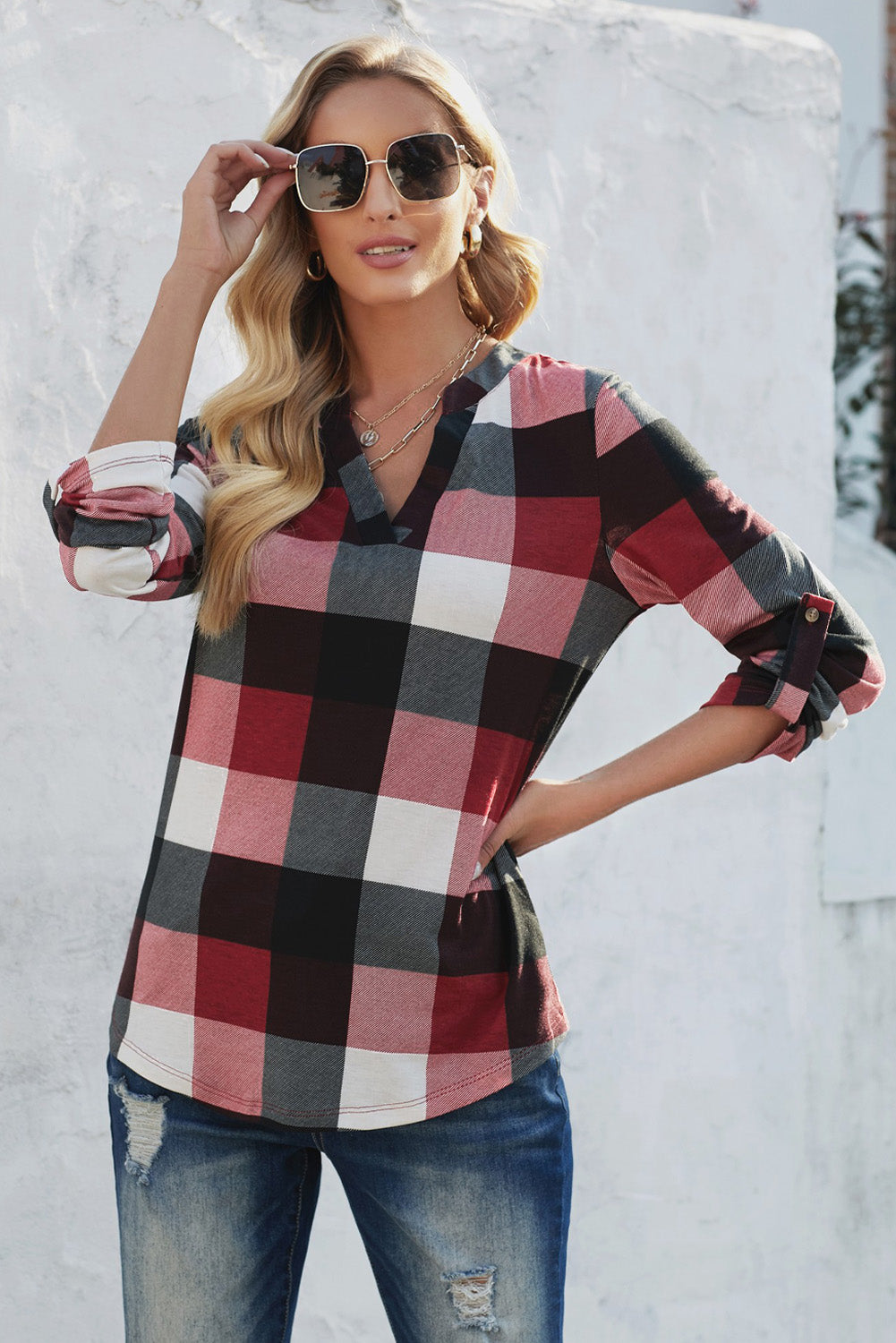 Plaid Split V-Neck Roll-Tab Top