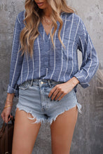 Load image into Gallery viewer, Striped V-Neck High-Low Shirt with Breast Pocket
