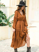 Load image into Gallery viewer, Tie Neck Long Sleeve Midi Tiered Dress
