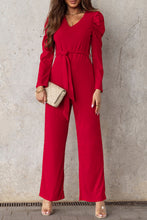 Load image into Gallery viewer, Belted Long Puff Sleeve V-Neck Jumpsuit
