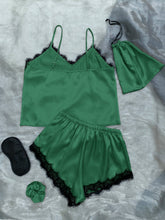 Load image into Gallery viewer, Lace Trim Cami, Shorts, Eye Mask, Scrunchie, and Bag Pajama Set
