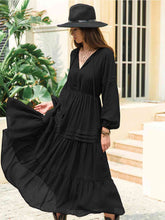 Load image into Gallery viewer, Tie Neck Long Sleeve Midi Tiered Dress
