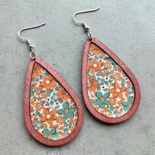 Load image into Gallery viewer, Floral Wood Teardrop Earrings
