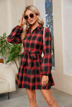 Load image into Gallery viewer, Plaid Print Tie Waist Collared Neck Shirt Dress
