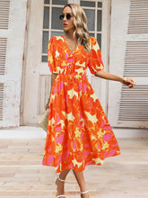 Load image into Gallery viewer, Ruched Printed Surplice Short Sleeve Dress
