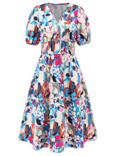 Load image into Gallery viewer, Ruched Printed Surplice Short Sleeve Dress
